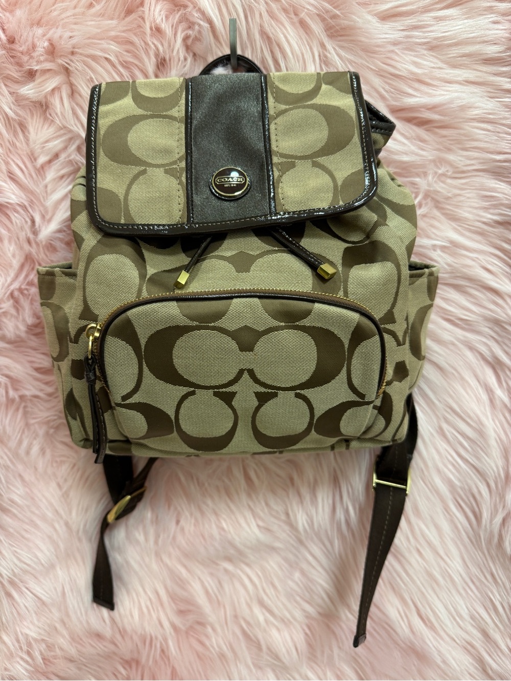 Coach Factory Khaki and Chocolate Signature Mini Backpack